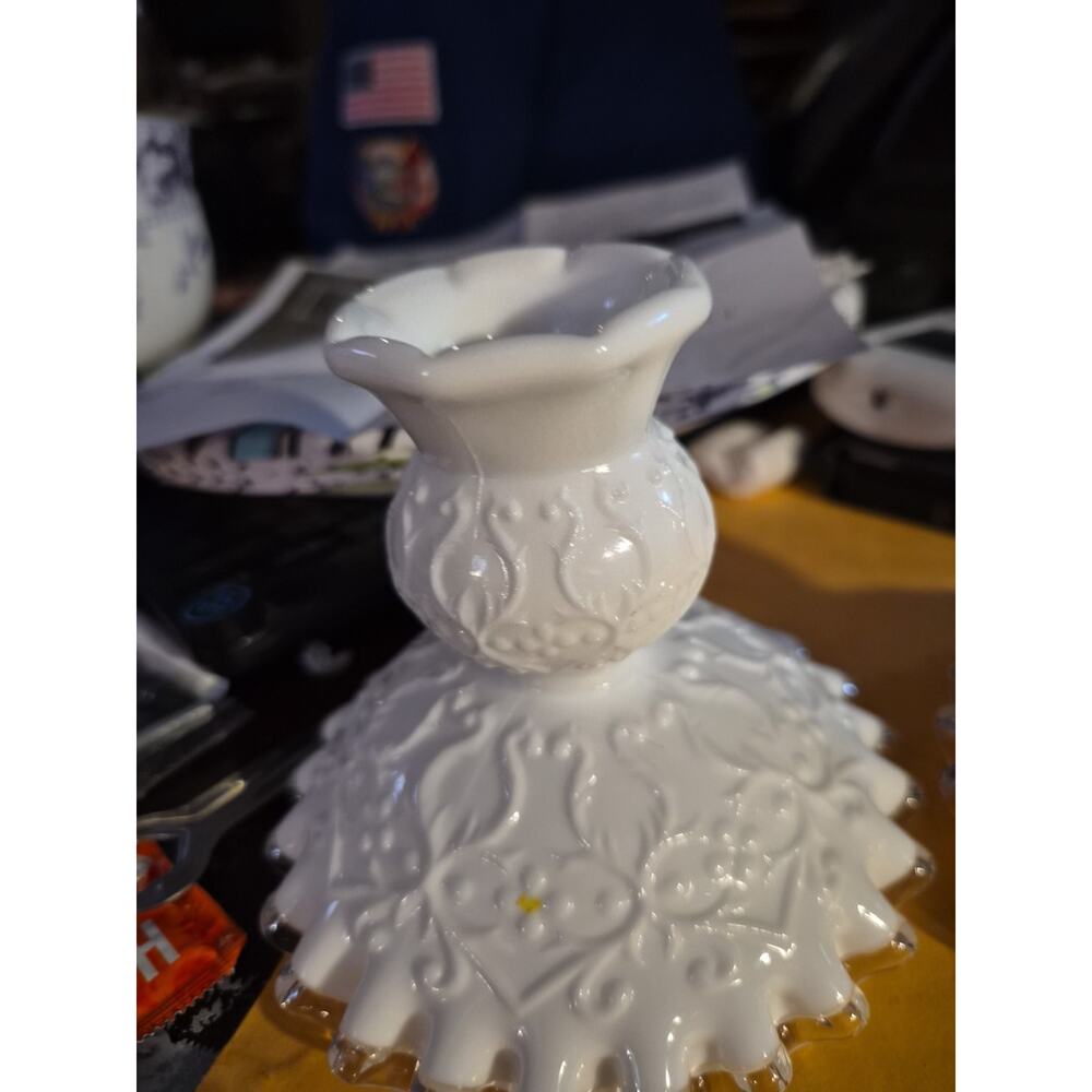 Vintage Fenton Spanish Lace Silver Milk Glass Candlestick With Ruffled Edge And - Picture 2 of 4